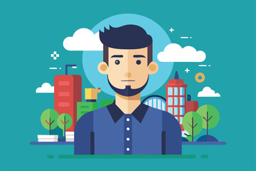 Sticker - A young man stands in front of a vibrant cityscape, surrounded by trees and clouds, reflecting a modern urban environment