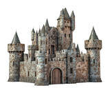 Medieval castle model with towers and stone walls, cut out - stock png.