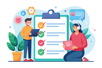 Poster - A support service team collaborates to resolve complaints using a checklist, with one member holding a tablet while another takes notes