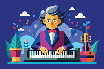 Poster - A composer engages in playing the piano surrounded by musical notes, plants, and a guitar in a colorful and lively environment