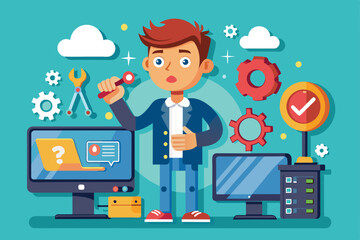 Poster - A cartoon figure stands puzzled with a wrench in hand, surrounded by computer screens and various tools in a vibrant workspace