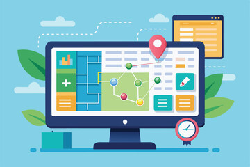 Poster - a computer screen displays a map with a schedule and data visualization tools, functioning as a navi