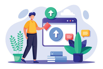 Poster - a man is actively backing up files on a computer in a vibrant workspace filled with plants and tech