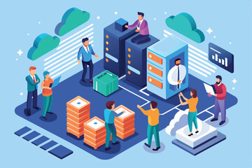 Aufkleber - A group of men collaborates in an office setting, focused on various data backup tasks involving servers, storage, and cloud technologies
