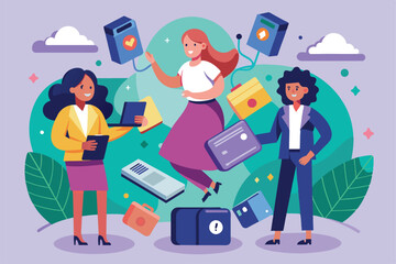 Poster - Two women actively participate in data backup tasks while surrounded by floating digital files in a vibrant office environment