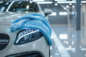 Poster - The process of meticulously cleaning and polishing the interior of a car is underway in a modern garage environment. Generative AI