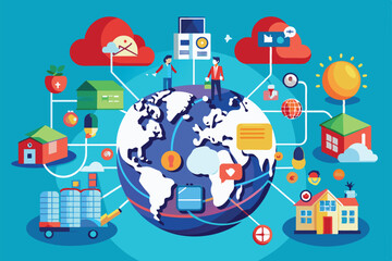 Poster - a colorful flat illustration showcases global connectivity, with various activities represented thro