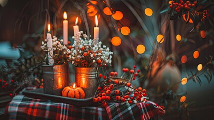 Poster - A rustic tray with fall decorations, candles