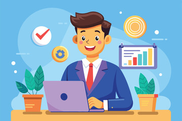 Poster - A cartoon character in a business suit happily collaborates at a desk, utilizing a laptop, charts, and plants in a bright and colorful office environment