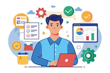 Aufkleber - A consultant focuses on a laptop, analyzing data charts and task lists in a vibrant office filled with gears and progress indicators