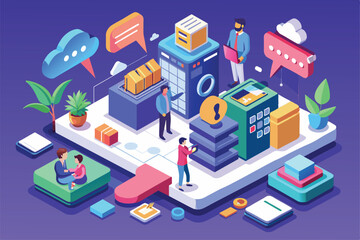 Poster - A vibrant isometric illustration showcases a customizable contact us feature, highlighting team members interacting in a modern workspace