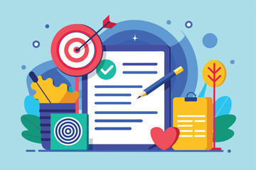 Poster - A contract is on a clipboard with checkmarks and targets, showcasing the importance of organization in achieving project objectives
