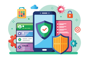 This graphic illustrates methods for managing security data on cellphones, featuring protective shields and digital elements