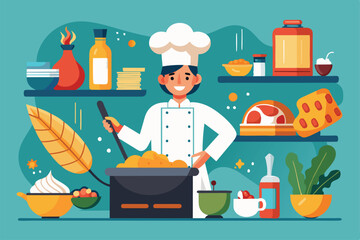 A cheerful chef stirs a pot of food, surrounded by a variety of colorful ingredients and kitchen utensils in a vibrant cooking space