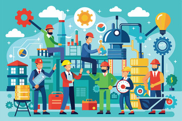 Poster - Workers in an industrial environment collaborate on diverse tasks, showcasing teamwork and efficiency amidst machinery and equipment