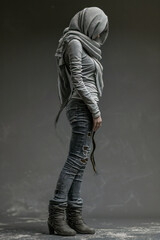 Wall Mural - Person wearing grey scarf and distressed jeans standing sideways. Fashion and lifestyle concept