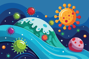 Poster - A vibrant illustration depicts various coronavirus strains surrounded by stylized waves, illustrating the impact of the second wave in a creative manner