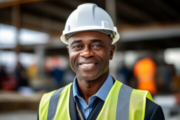 Poster - Smiling portrait of a middle aged African American male engineer on construction site