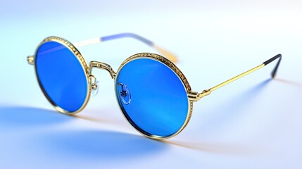 gold-rimmed round sunglasses with blue lenses on a blue and white background.