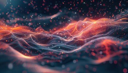 Wall Mural - Colorful wave patterns with glowing particles in a dark background