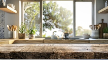 Sticker - Textured table for product presentation in front of blurry kitchen window