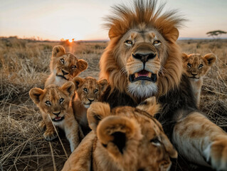 Wall Mural - A lion with his cubs in the wild. The lion is looking at the camera and he is smiling