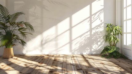 Wall Mural - Studio room with wooden floor, white walls, natural light, leaves shadows, empty living space.