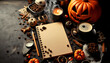 © Anali Matheus - Decoración de Halloween para Escritorio: Café, Calabaza Tallada, y Cuaderno Vacío en Otoño