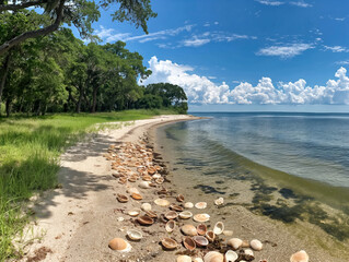 Wall Mural - A beach with a large body of water in the background. The beach is littered with shells and debris