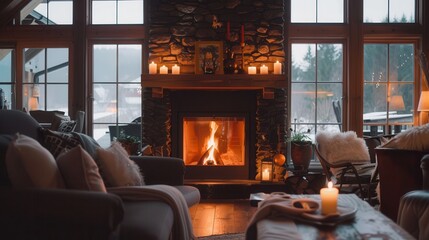Aufkleber - Flickering flames create a warm ambiance in a rustic living room filled with soft blankets and candlelight, perfect for a cozy winter evening. Generative AI