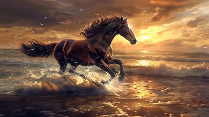  A horse is running on a sea view with long hairs flowing, the full sun is setting in the background 