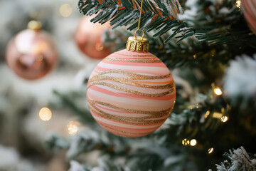 peach and white striped christmas ball ornament on green tree with sparkling light bokeh