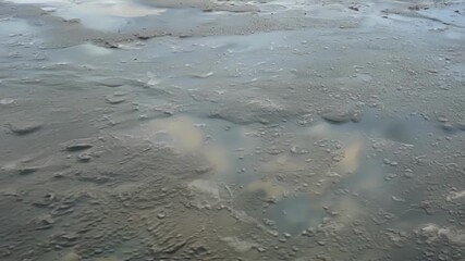 Poster - Closeup of a lake or river turned murky and grey due to volcanic ash deposits with the water ly visible through the thick mixture.