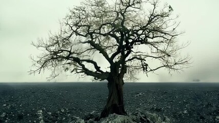 Leinwandbilder - Closeup of a lone tree standing tall amidst a desolate landscape of volcanic ash a symbol of resilience in the face of destruction.