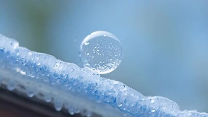 Poster - A macro shot of a single icicle its glistening surface melting and releasing droplets of water as it hangs from the edge of a roof.