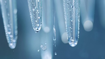 Poster - Tight shot of multiple icicles each one releasing a steady stream of water droplets creating a steady rhythm of soft pattering sounds.
