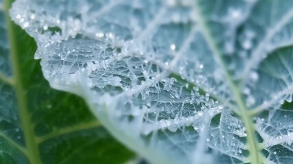 Aufkleber - Macro shot of a leaf completely covered in tiny ice crystals creating a frosty winter wonderland effect.