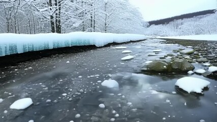 Aufkleber - The camera focuses on a shallow stream with smooth ice formations encasing the edges creating a perfect frame for the flowing water.