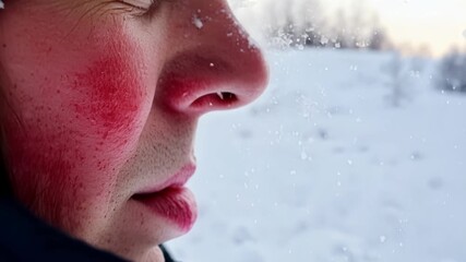 Poster - Zoomedin shot of a persons red bright and flushed from the cold surrounded by the contrasting white of freshly fallen snow.