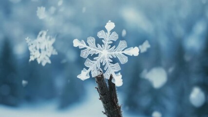 Poster - Macro shot of a snowflake landing on a barren branch adding to the picturesque winter scene.