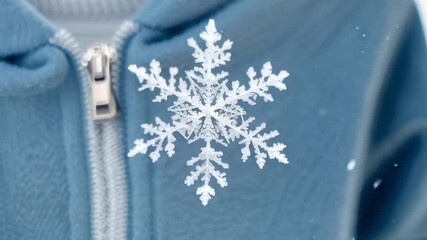 Poster - A closeup view of a snowflake resting on a piece of winter clothing showcasing the microscopic details and complex structure of each flake.