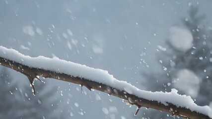 Aufkleber - A slowmotion shot of large snowflakes accumulating on a thin branch creating a fragile and delicate appearance.