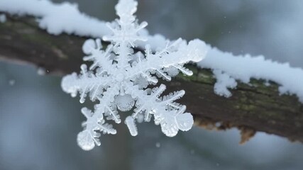 Poster - A closeup of a snow crystal on a tree branch showcasing its pure white color and delicate structure.