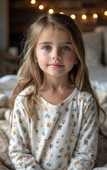 Wall Mural - A young girl is sitting on a bed with a white shirt that has a lot of different designs on it