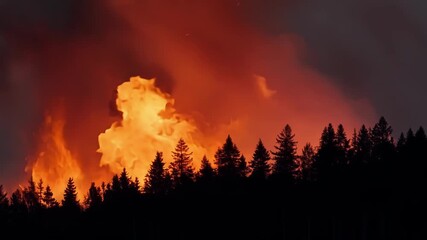 Aufkleber - Zoomedin view of vibrant red and yellow flames engulfing the edges of a darkened forest creating an eerie glow in the darkness.