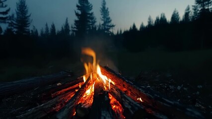 Aufkleber - A lone ember glows brightly in the center of a dying campfire creating an intimate and peaceful scene against a tranquil forest backdrop.