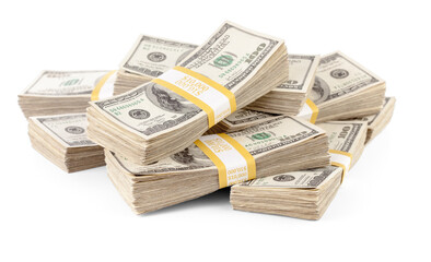 Wall Mural - Ten Thousand Dollar Stacks of One Hundred Dollar Bills Isolated. Transparent PNG.