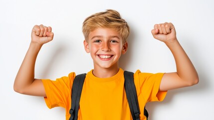 A young boy in a yellow shirt is smiling and holding his arms up in the air. He is wearing a backpack and he is happy and excited