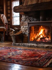 Leinwandbilder - The glowing embers of a fireplace create a welcoming ambiance in a rustic cabin, inviting relaxation and comfort on a chilly evening. Generative AI