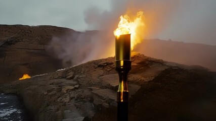 Poster - The golden glow of a torch flame casting shadows and offering warmth to a cold and desolate environment.